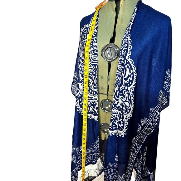 Woman's Woven Heart kimono boho medallion print fringe accent blue cover up S1 - Picture 8 of 11